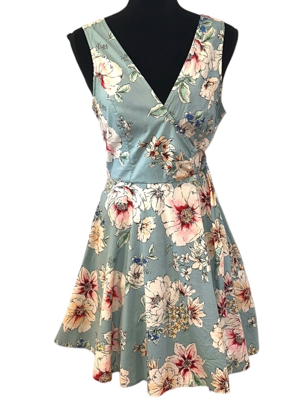 Bailey Blue Floral Print Dress Size Medium V Neck A-Line Sleeveless